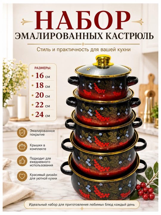 Набор эмалированных кастрюль 5 шт с крышками, цветочный дизайн, эмаль высокого качества - 