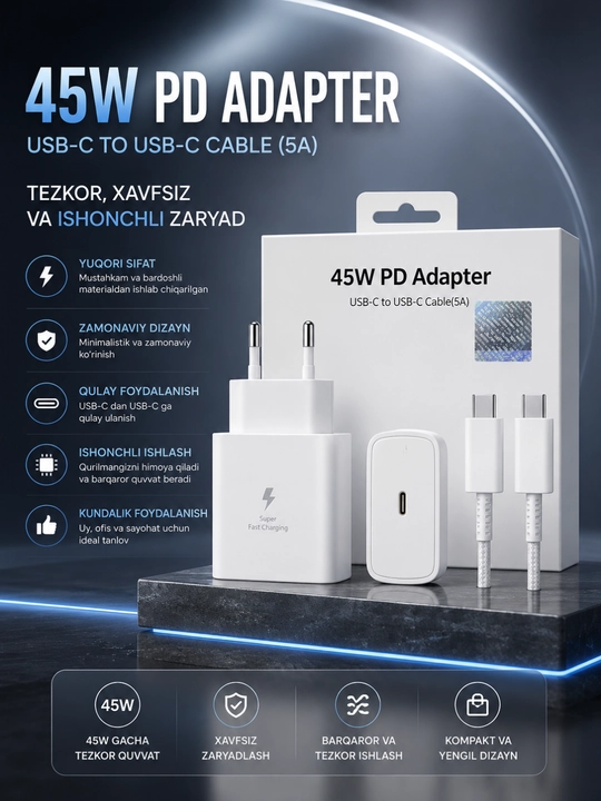 45W PD Tezkor Zaryadlovchi Adapter – USB-C 5A Kabel bilan Fast Charge Komplekti - 