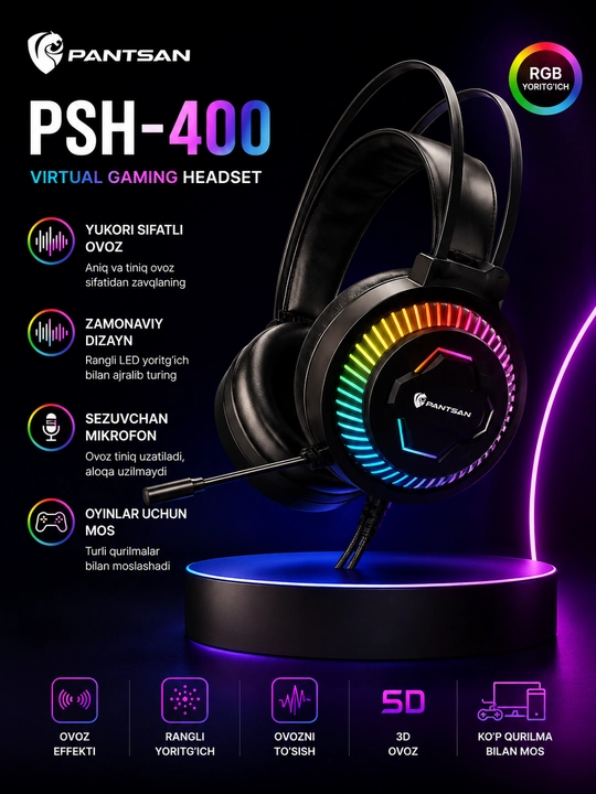 O'yin uchun quloqchinlar, mikrofon va RGB yoritgichli - 
