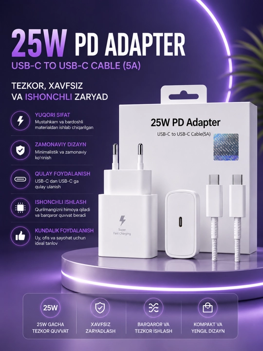 25W PD Tezkor Zaryadlovchi Adapter – USB-C 5A Kabel bilan Fast Charge Komplekti - 