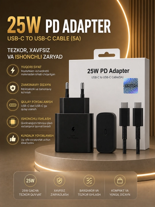 25W PD Tezkor Zaryadlovchi Adapter – USB-C 5A Kabel bilan Fast Charge Komplekti - 