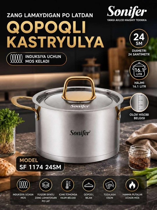 Кастрюля Sonifer SF-1157 16SM из нержавеющей стали с крышкой