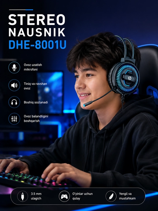 HP DHE-8001U gaming quloqchin, mikrofonli, USB ulanish, kompyuter uchun