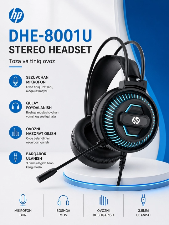 HP DHE-8001U gaming quloqchin, mikrofonli, USB ulanish, kompyuter uchun - 