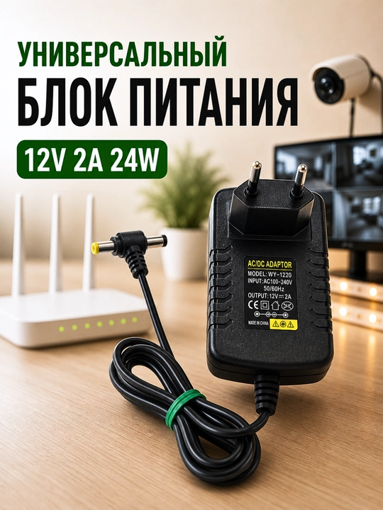Universal quvvat bloki 5V / 6V / 9V / 12V, 2A, qo‘sh T-shteker 5.5×2.5 va 4.0×1.7 mm