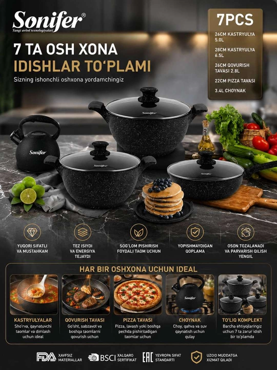 QOZON Sonifer 7 ta oshxona idishlari to‘plami
