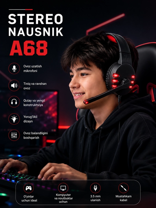 MISDE A68 Gaming Headset USB, mikrofonli, RGB