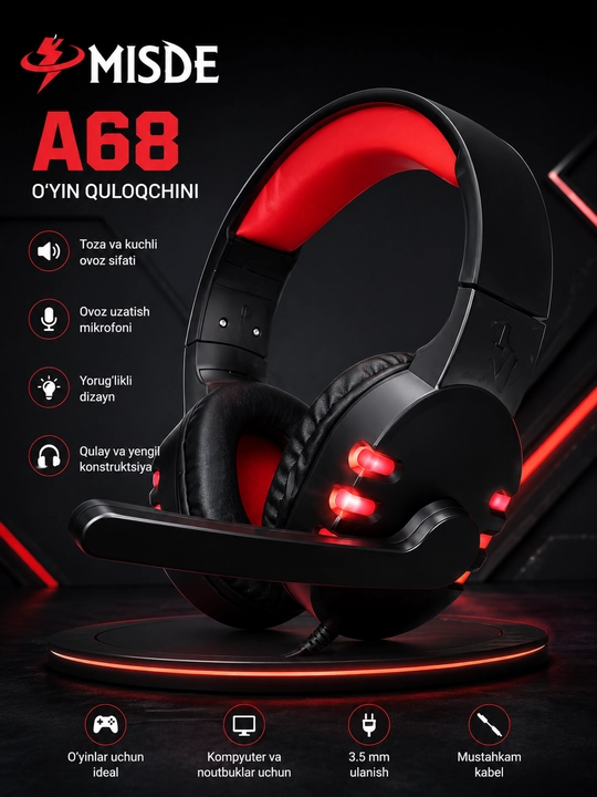 MISDE A68 Gaming Headset USB, mikrofonli, RGB - 