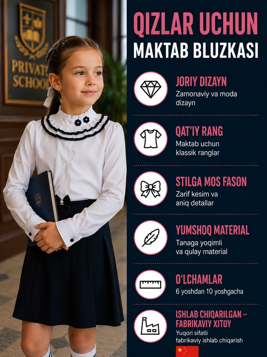 Qizlar uchun yoqali va bantli bezakli bluzka, paxtadan - 