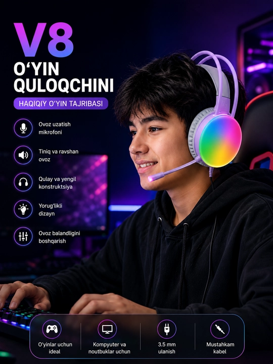 O'yin quloqchinlari, mikrofon bilan, simli, kompyuter uchun, RGB yoritgich bilan