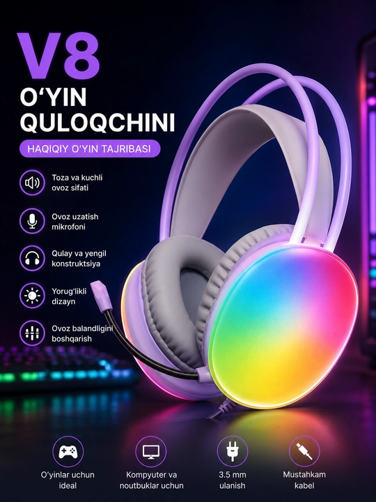 O'yin quloqchinlari, mikrofon bilan, simli, kompyuter uchun, RGB yoritgich bilan - 