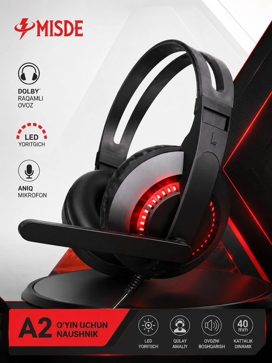 MISDE A02  Gaming Headset USB, mikrofonli, RGB - 