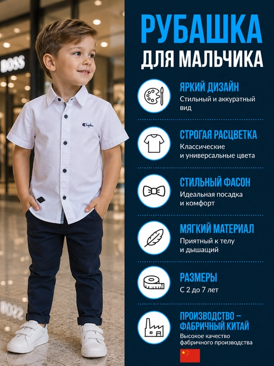Bolalar ko‘ylagi, o‘g‘il bola uchun, 100% paxta, kalta yengli, oq
