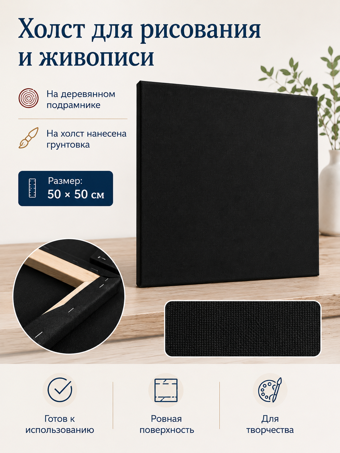 Холст на деревянном подрамнике, грунтованный, хлопок 100%, готов к использованию