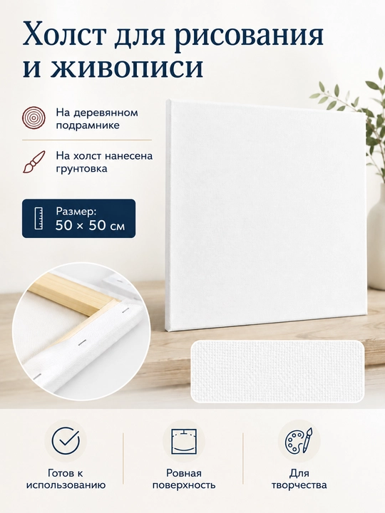 Холст на деревянном подрамнике, грунтованный, хлопок 100%, готов к использованию