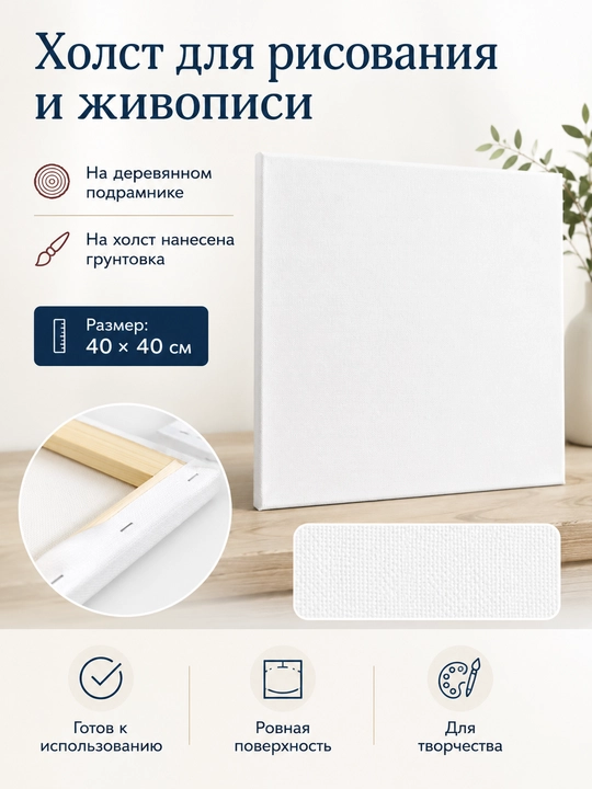 Холст на деревянном подрамнике, грунтованный, хлопок 100%, готов к использованию