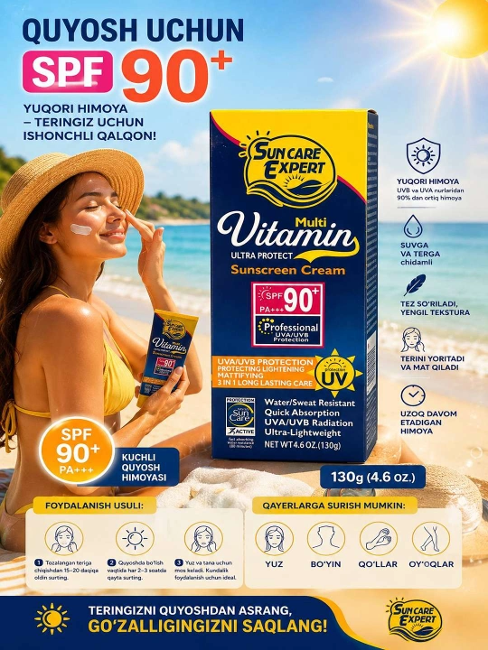 Quyoshdan himoyalovchi krem SUN EXPERT, Multi Vitamin SPF 90 PA++, E vitamini bilan, 130 ml - 