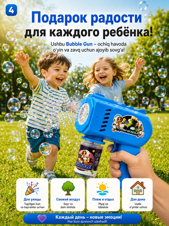 Sovun pufakchalari uchun Bubble Gun to‘pponcha, avtomatik, LED bilan, bolalar o‘yinchog‘i