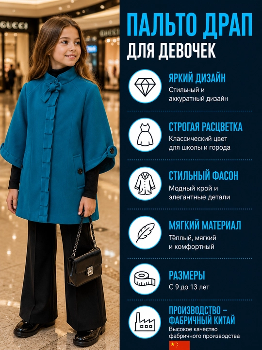Укороченное пальто для девочек из шерсти 60%, стильное демисезонное пальто
