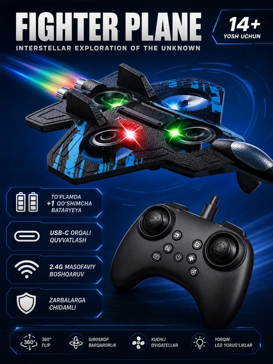 Радиоуправляемый дрон-самолет Fighter с трюками на 360° и яркой RGB-подсветкой - 