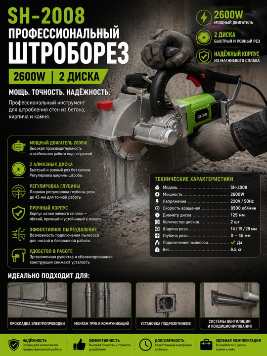 SH-2008 и SH-1009 – Профессиональный штроборез, 2600W, 2 и 5 дисков - 