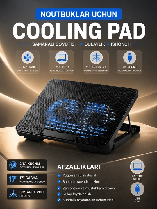 17 Dyuymgacha Noutbuklar Uchun USB Sovutgich Stend – 2 Ventilyatorli Cooling Pad - 