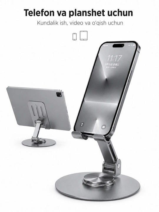Telefon va planshet uchun metall stend, 360° aylanuvchi