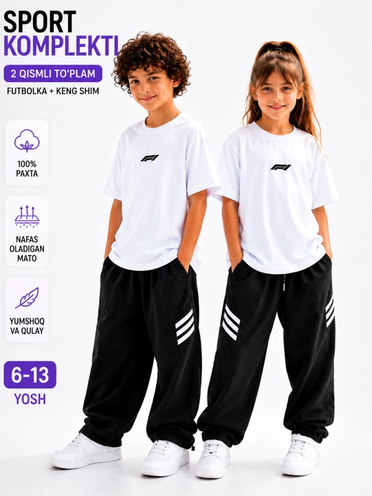 Bolalar sport kostyumi 100% paxta, futbolka va keng shim, uniseks, 6–13 yosh - 