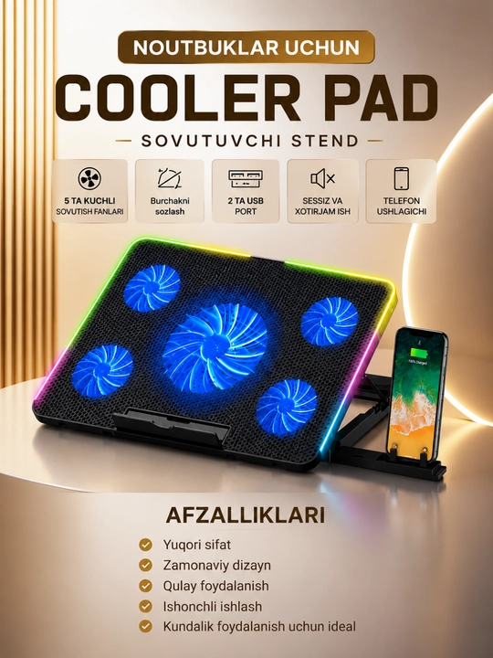 A5/A6 CoolerPad Noutbuk Sovutish Stendi – 5 Ventilyatorli, RGB, USB, 9–17 Dyuym - 