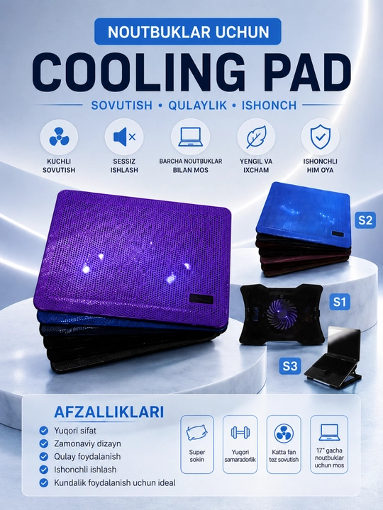 S1/S2/S3 Notebook Cooling Pad – 9–17" Noutbuklar Uchun USB Sovutish Stendi - 