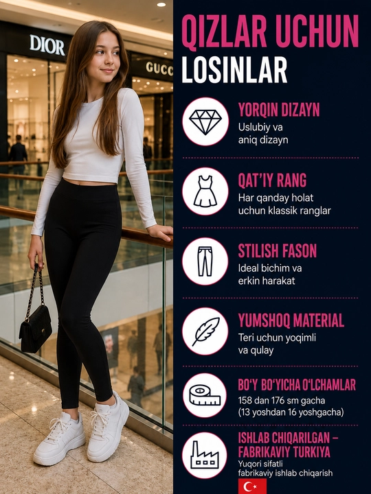 Qizlar uchun bolalar leginsi — qora, elastik, maktab va sport uchun - 