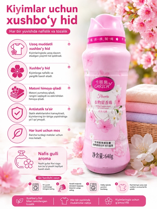 CARICH Kir Yuvish Uchun Xushbo'y Donachalar To'plami 3 Xil Hid 200g va 640g