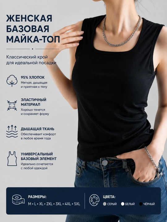 Женская базовая майка-топ с U-образным вырезом, хлопковая, больших размеров, Китай - 