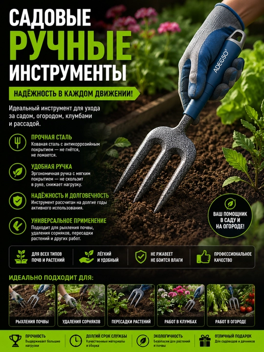 Cадовые ручные инструменты – лопатка, культиватор, тяпка, грабли, 5-зубчатая мотыга - 
