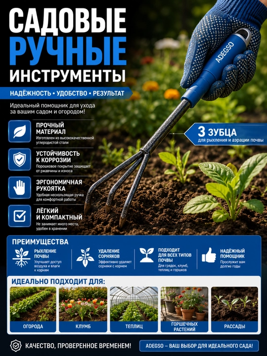 Cадовые ручные инструменты – лопатка, культиватор, тяпка, грабли, 5-зубчатая мотыга - 