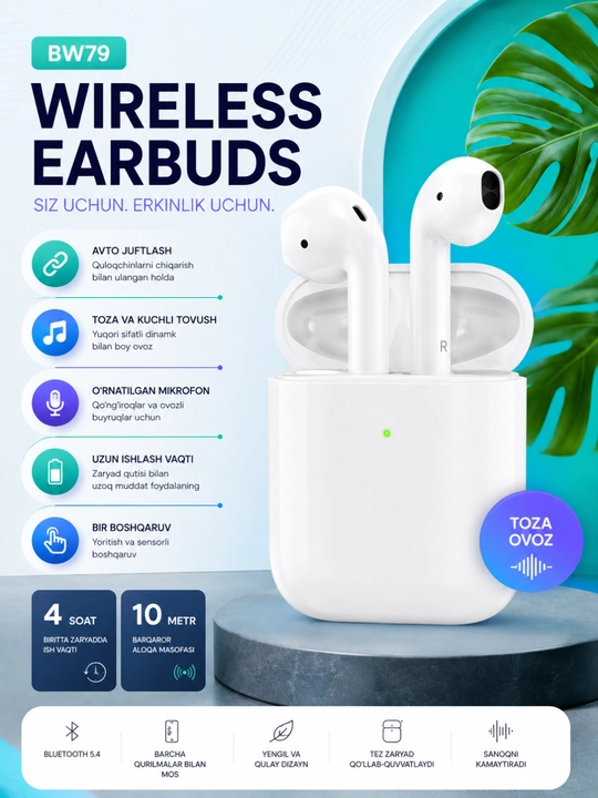 BW79 Simsiz Bluetooth quloqchinlar, simsiz quloqchin, toza ovoz, sensorli boshqaruv - 