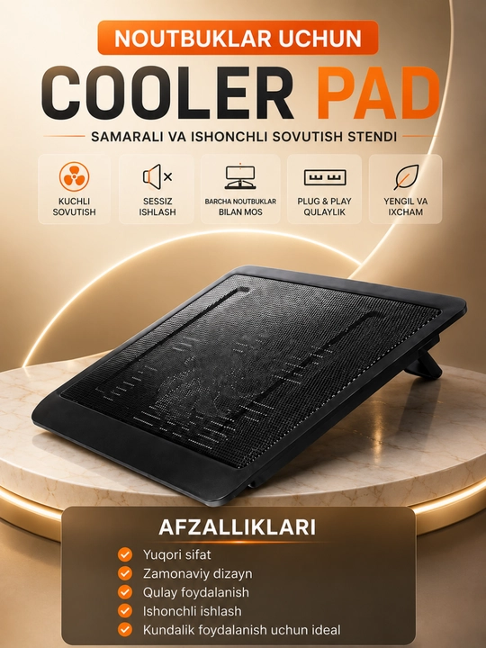 CoolerPad 9-17 dyuymli noutbukni sovitish uchun taglik, USB orqali sozlanadigan, ventilyatorli - 