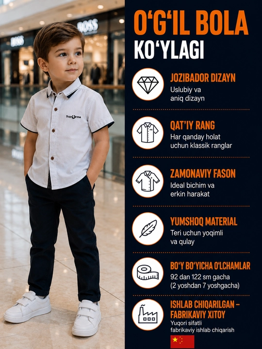 O'g'il bola uchun oq ko'ylak - qisqa yengli, 100% paxta - 