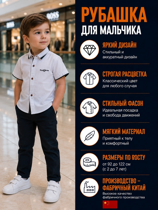O'g'il bola uchun oq ko'ylak - qisqa yengli, 100% paxta