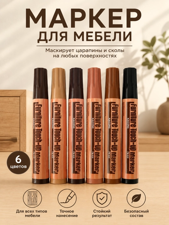 Mebel uchun restavratsiya markeri, yog‘och va laminat uchun  yashiruvchi marker, 6 ta rang - 