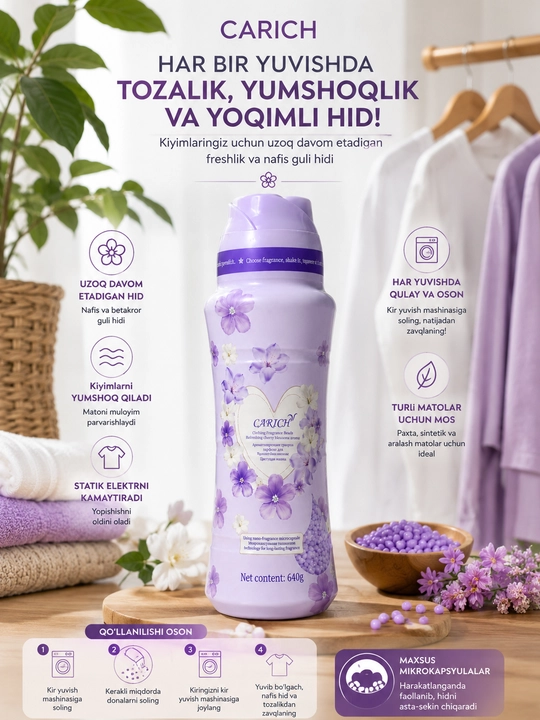 CARICH Kir Yuvish Uchun Xushbo'y Donachalar To'plami 3 Xil Hid 200g va 640g