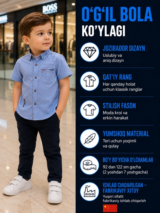 O'g'il bola uchun ko'k ko'ylak - bolalar, qisqa yengli, paxta - 