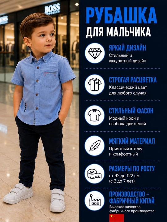 O'g'il bola uchun ko'k ko'ylak - bolalar, qisqa yengli, paxta