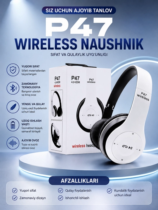 Stereo ovoz, TF karta, AUX va mikrofonli P47 Bluetooth simsiz quloqchinlari - 