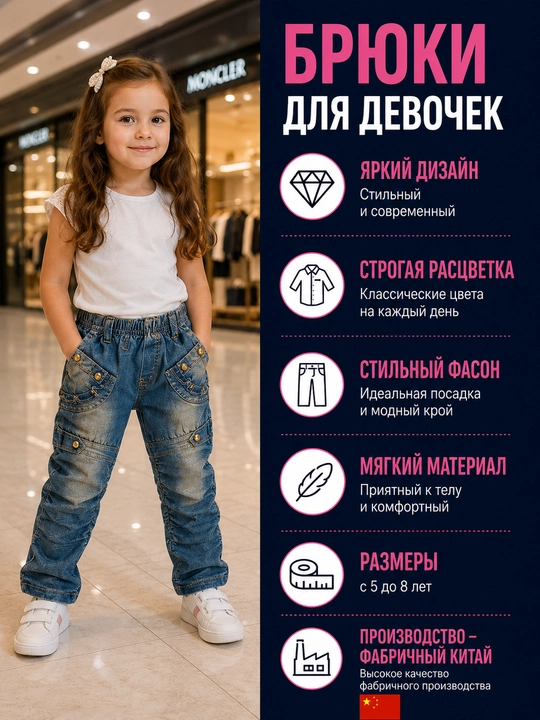 Qizlar uchun dekorativ cho‘ntakli, rezinkali, zamonaviy jinsi shimlar - 