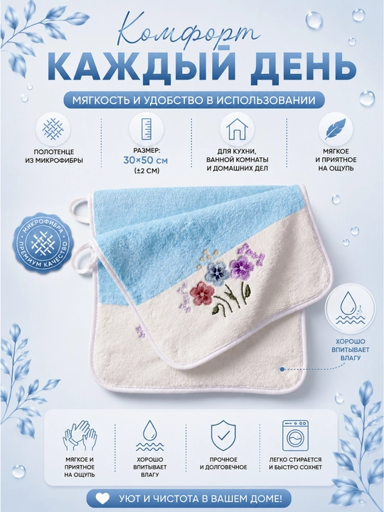 Полотенце из микрофибры для кухни и ванной с цветочным принтом, 30x50 см