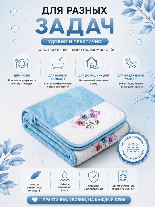 Полотенце из микрофибры для кухни и ванной с цветочным принтом, 30x50 см