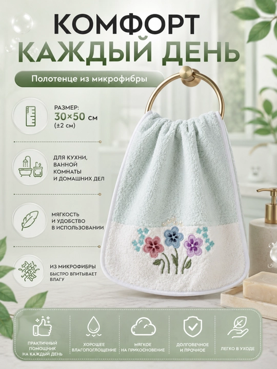 Полотенце из микрофибры для кухни и ванной с цветочным принтом, 30x50 см