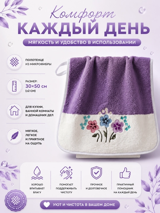 Полотенце из микрофибры для кухни и ванной с цветочным принтом, 30x50 см