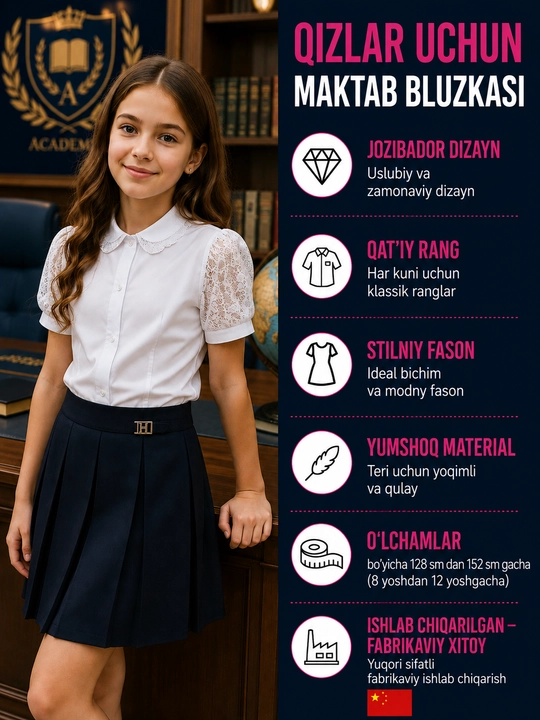 Qizlar uchun maktab bluzkasi — gipyur yengli, oq, bayramona - 